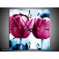 Wandklok op Canvas Tulp | Kleur: Roze, Blauw | F003828C