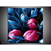 Wandklok op Canvas Tulp | Kleur: Roze, Blauw | F003829C