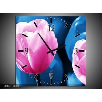 Wandklok op Canvas Tulp | Kleur: Roze, Blauw | F003831C