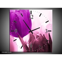 Wandklok op Canvas Tulp | Kleur: Paars, Wit, Zwart | F003888C