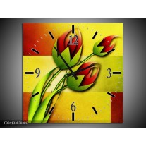 Wandklok op Canvas Bloem | Kleur: Groen, Rood, Geel | F004133C