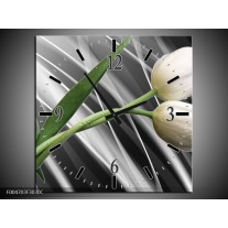 Wandklok op Canvas Tulp | Kleur: Grijs, Wit, Groen | F004703C