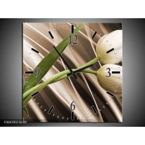 Wandklok op Canvas Tulp | Kleur: Bruin, Wit, Groen | F004705C