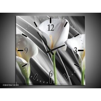 Wandklok op Canvas Bloem | Kleur: Grijs, Wit, Groen | F004706C