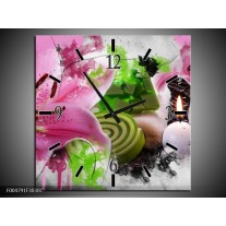 Wandklok op Canvas Bloem | Kleur: Roze, Groen, Wit | F004791C