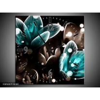 Wandklok op Canvas Bloem | Kleur: Blauw, Grijs, Zwart | F005047C