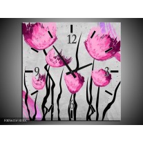 Wandklok op Canvas Tulp | Kleur: Grijs, Roze, Zwart | F005615C