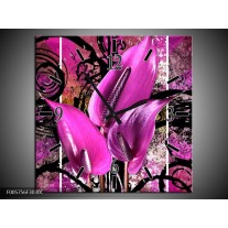 Wandklok op Canvas Anthurium | Kleur: Paars, Zwart | F005756C