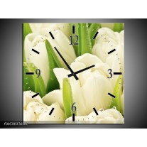 Wandklok op Canvas Tulpen | Kleur: Wit, Groen | F005785C