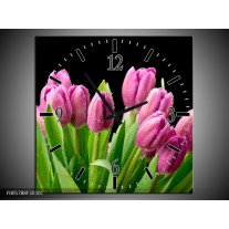 Wandklok op Canvas Tulpen | Kleur: Roze, Zwart, Groen | F005788C