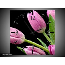Wandklok op Canvas Tulpen | Kleur: Roze, Zwart, Groen | F005789C