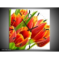 Wandklok op Canvas Tulpen | Kleur: Oranje, Groen, Wit | F005798C