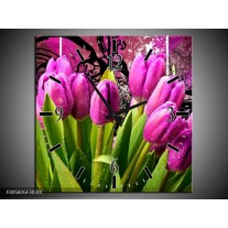 Wandklok op Canvas Tulpen | Kleur: Paars, Groen, Roze | F005826C