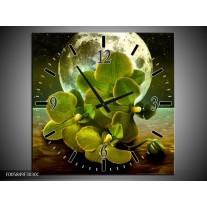 Wandklok op Canvas Orchidee | Kleur: Groen, Goud, Bruin | F005849C