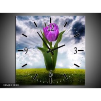 Wandklok op Canvas Tulp | Kleur: Grijs, Paars | F005883C