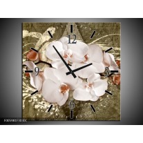 Wandklok op Canvas Orchidee | Kleur: Goud, Wit, Bruin | F005981C