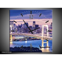 Wandklok op Canvas Brug | Kleur: Blauw, Grijs | F006039C