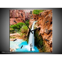 Wandklok op Canvas Waterval | Kleur: Blauw, Bruin | F006113C