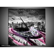 Wandklok op Canvas Wolkenkrabber | Kleur: Paars, Roze, Grijs | F006217C