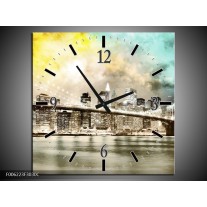 Wandklok op Canvas Brug | Kleur: Geel, Bruin, Groen | F006223C