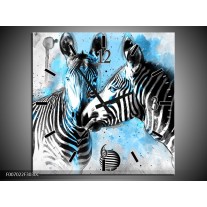 Wandklok Schilderij Zebra, Dieren | Blauw, Zwart, Wit