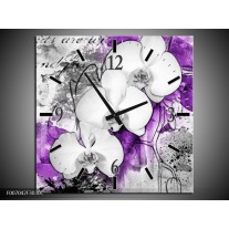 Wandklok Schilderij Bloem, Orchidee | Grijs, Paars, Wit