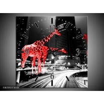 Wandklok Schilderij Steden, Giraffe | Zwart, Wit, Rood