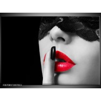 Glas Schilderij Vrouw, Lippen | Zwart, Grijs, Rood
