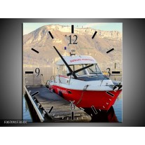 Wandklok Schilderij Boot, Bergen | Rood, Grijs, Wit