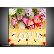Wandklok Schilderij Tulpen, Bloemen | Geel, Roze, Wit