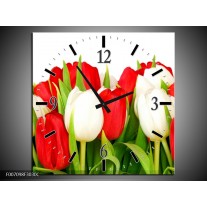 Wandklok Schilderij Tulpen, Bloemen | Rood, Wit, Groen