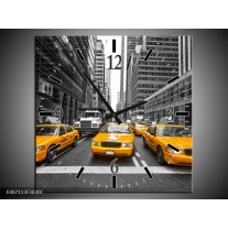 Wandklok Schilderij New York, Auto | Geel, Zwart, Wit