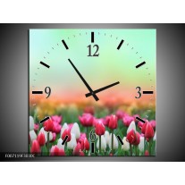 Wandklok Schilderij Tulpen, Bloemen | Groen, Roze, Wit