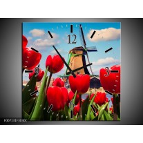 Wandklok Schilderij Tulpen, Molen | Rood, Blauw, Grijs