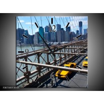 Wandklok Schilderij Brug, New York | Grijs, Blauw, Geel