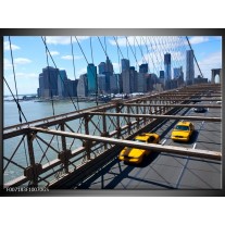 Glas Schilderij Brug, New York | Grijs, Blauw, Geel