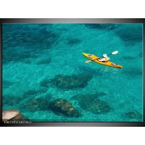 Glas Schilderij Kayak, Sport | Turquoise, Geel, Groen