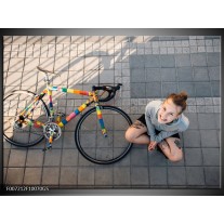 Glas Schilderij Fiets, Meid | Grijs, Geel