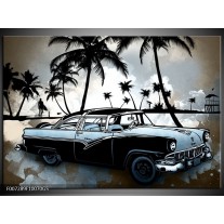 Glas Schilderij Oldtimer, Auto | Zwart, Wit, Blauw