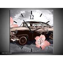 Wandklok Schilderij Oldtimer, Auto | Grijs, Bruin, Roze