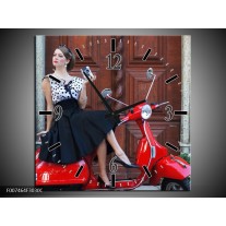 Wandklok Schilderij Vrouw, Scooter | Rood, Zwart, Bruin