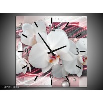 Wandklok Schilderij Orchidee, Bloemen | Roze, Grijs, Wit