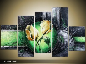 Acryl Schilderij Roos | Groen, Grijs, Geel | 150x70cm 5Luik Handgeschilderd