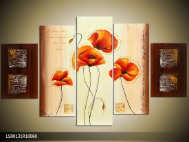Acryl Schilderij Klaproos | Oranje, Crème, Bruin | 150x70cm 5Luik Handgeschilderd