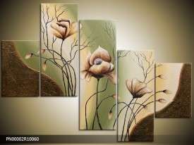 Acryl Schilderij Klaproos | Bruin, Groen, Geel | 150x70cm 5Luik Handgeschilderd