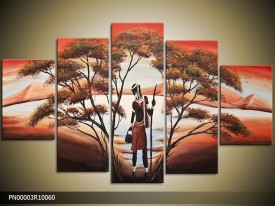 Acryl Schilderij Afrika | Rood, Bruin, Oranje | 150x70cm 5Luik Handgeschilderd