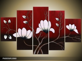 Acryl Schilderij Magnolia | Rood, Wit, Zwart | 150x70cm 5Luik Handgeschilderd