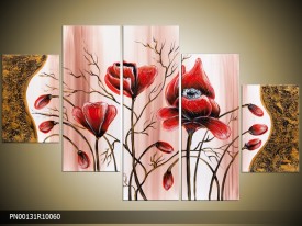 Acryl Schilderij Klaproos | Rood, Crème, Bruin | 150x70cm 5Luik Handgeschilderd