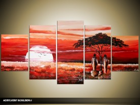 Acryl Schilderij Afrika | Rood, Wit | 150x70cm 5Luik Handgeschilderd