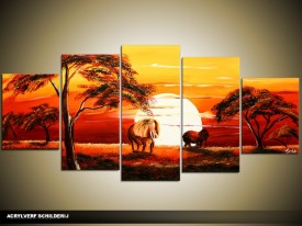 Acryl Schilderij Zonsondergang | Rood, Oranje, Bruin | 150x70cm 5Luik Handgeschilderd